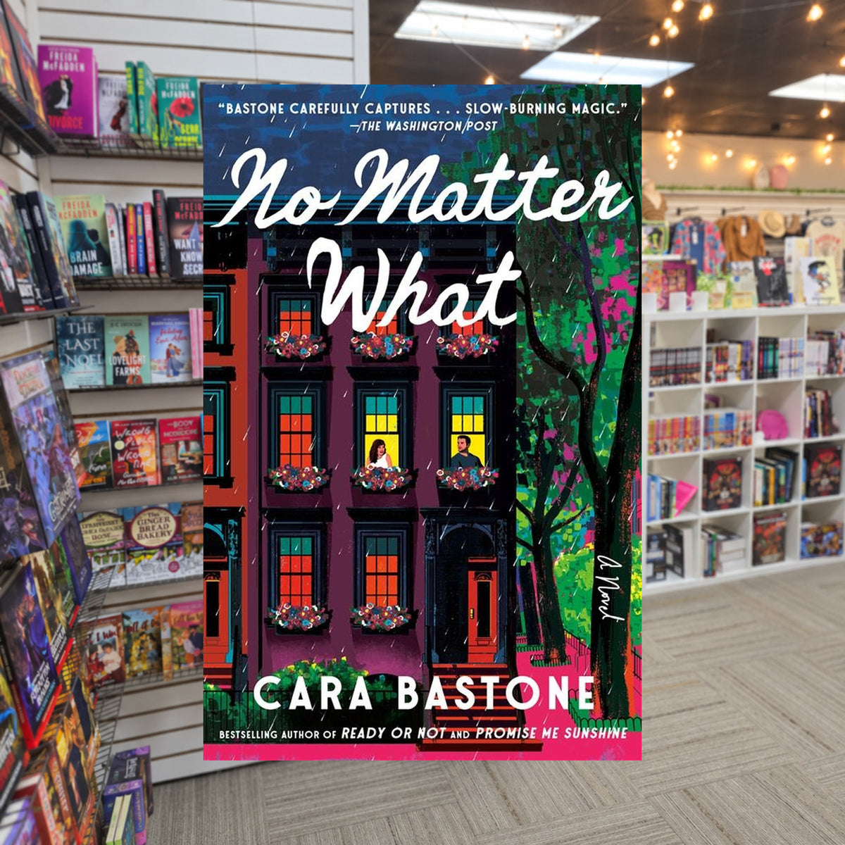 Pre-Order: No Matter What by Cara Bastone — actual cover on The Perk bookstore background