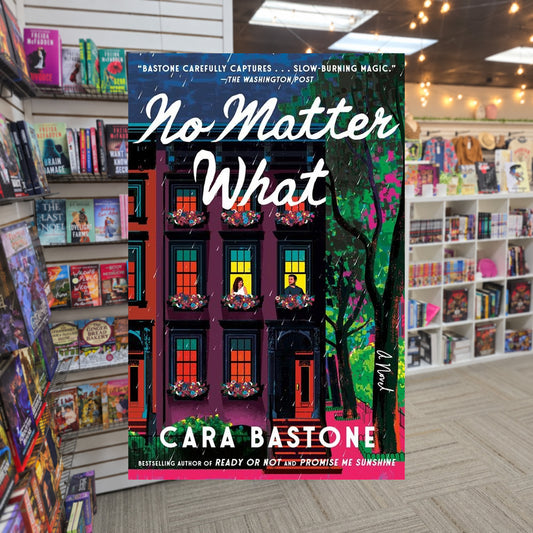 Pre-Order: No Matter What by Cara Bastone — actual cover on The Perk bookstore background