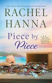 Piece by Piece by Rachel Hanna South Carolina Sunsets book cover featuring a jigsaw puzzle scattered across a table beside an open puzzle box, with a peaceful ocean sunset in the background.