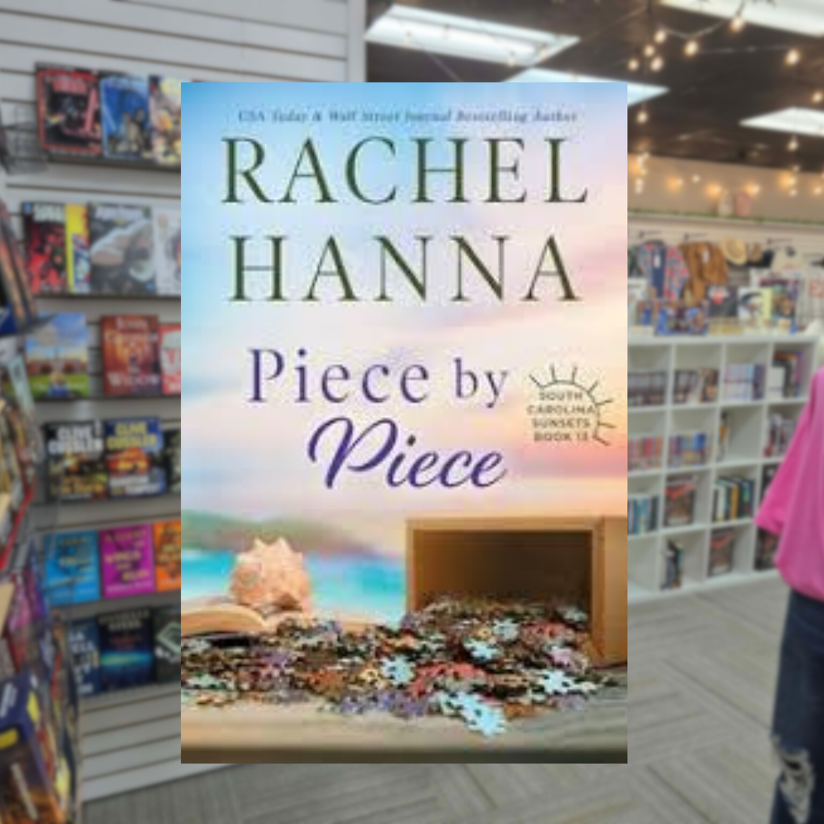 Piece by Piece by Rachel Hanna South Carolina Sunsets book cover featuring a jigsaw puzzle scattered across a table beside an open puzzle box, with a peaceful ocean sunset in the background.