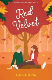 Red Velvet by Carla Luna romance book cover featuring an illustrated couple sitting together beneath a large red autumn tree, surrounded by orange and yellow fall foliage.