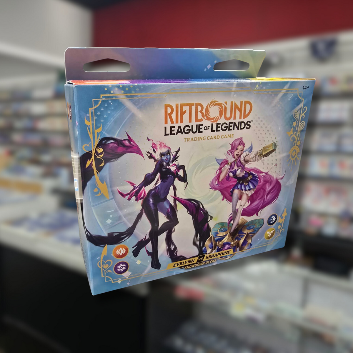 Riftbound Radiance Evelynn vs. Seraphine Showdown Decks retail box featuring both champions