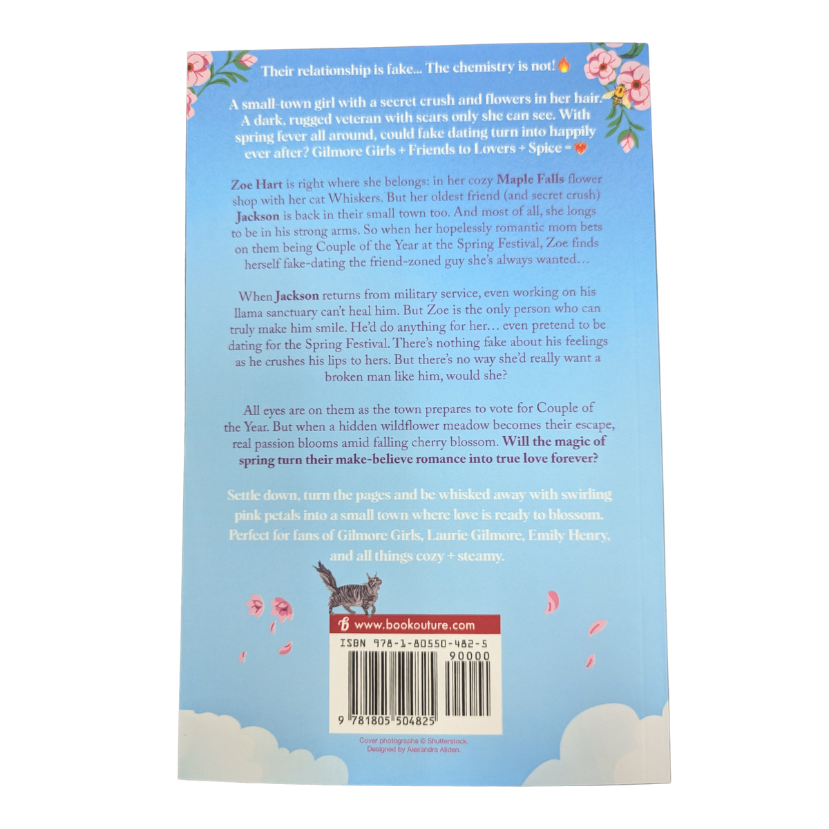 The Cherry Crush Flower Shop by Harper Graham romance book cover featuring a charming pink flower shop, blooming cherry blossoms, colorful flowers, and a bright blue sky.
