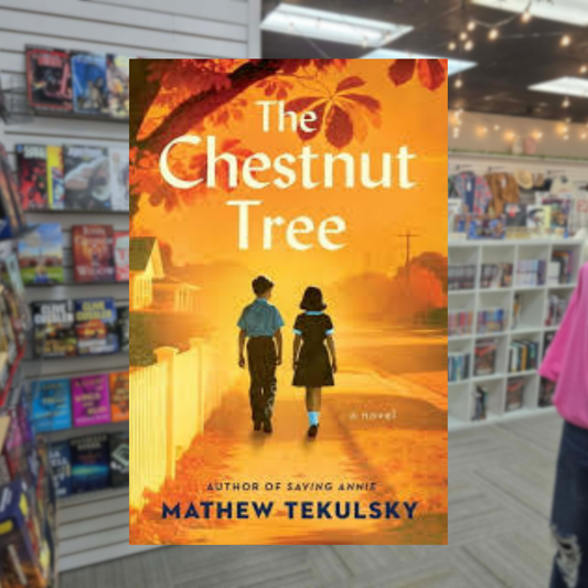 The Chestnut Tree by Mathew Tekulsky historical fiction hardcover book cover featuring two children walking down a quiet suburban street beneath colorful autumn trees and a golden sunset.