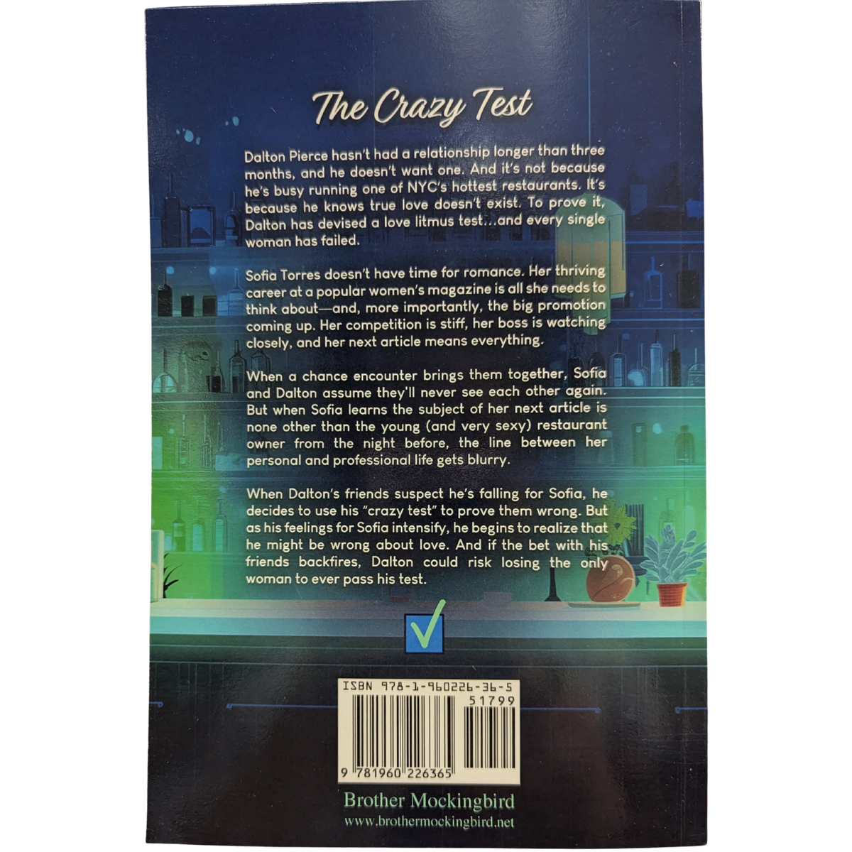 The Crazy Test by Megan Bosarge romantic comedy paperback cover featuring an illustrated man and woman sitting at a bar with teal lighting and a dark blue background.