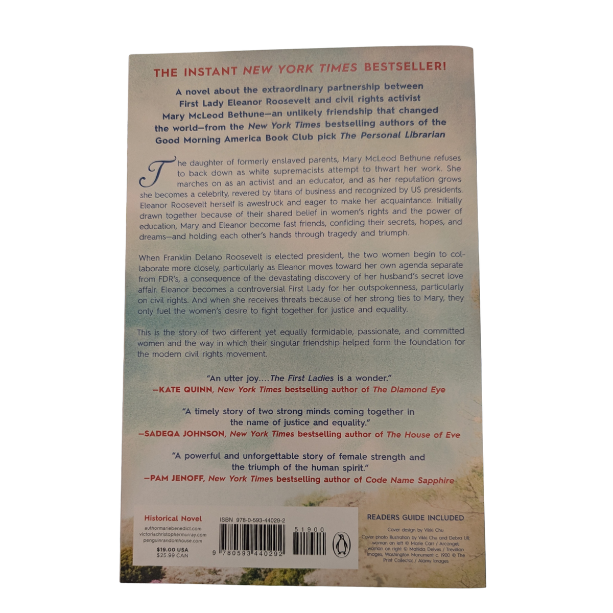 The First Ladies by Marie Benedict and Victoria Christopher Murray historical fiction paperback featuring Eleanor Roosevelt and Mary McLeod Bethune walking together beside a lake with the Washington Monument in the background