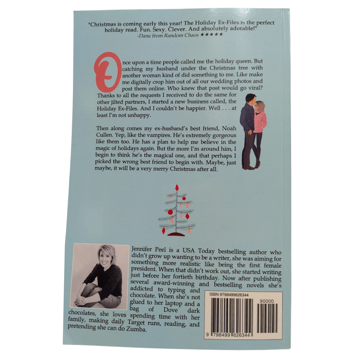 The Holiday Ex-Files by Jennifer Peel Christmas romance book cover featuring a light blue background, falling snowflakes, a decorated Christmas tree, and an illustrated man and woman.