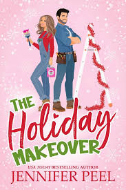 The Holiday Makeover by Jennifer Peel Christmas romance book cover featuring a pink snowy background, an illustrated blonde woman holding a paint roller, a dark-haired man, and a decorated Christmas tree.