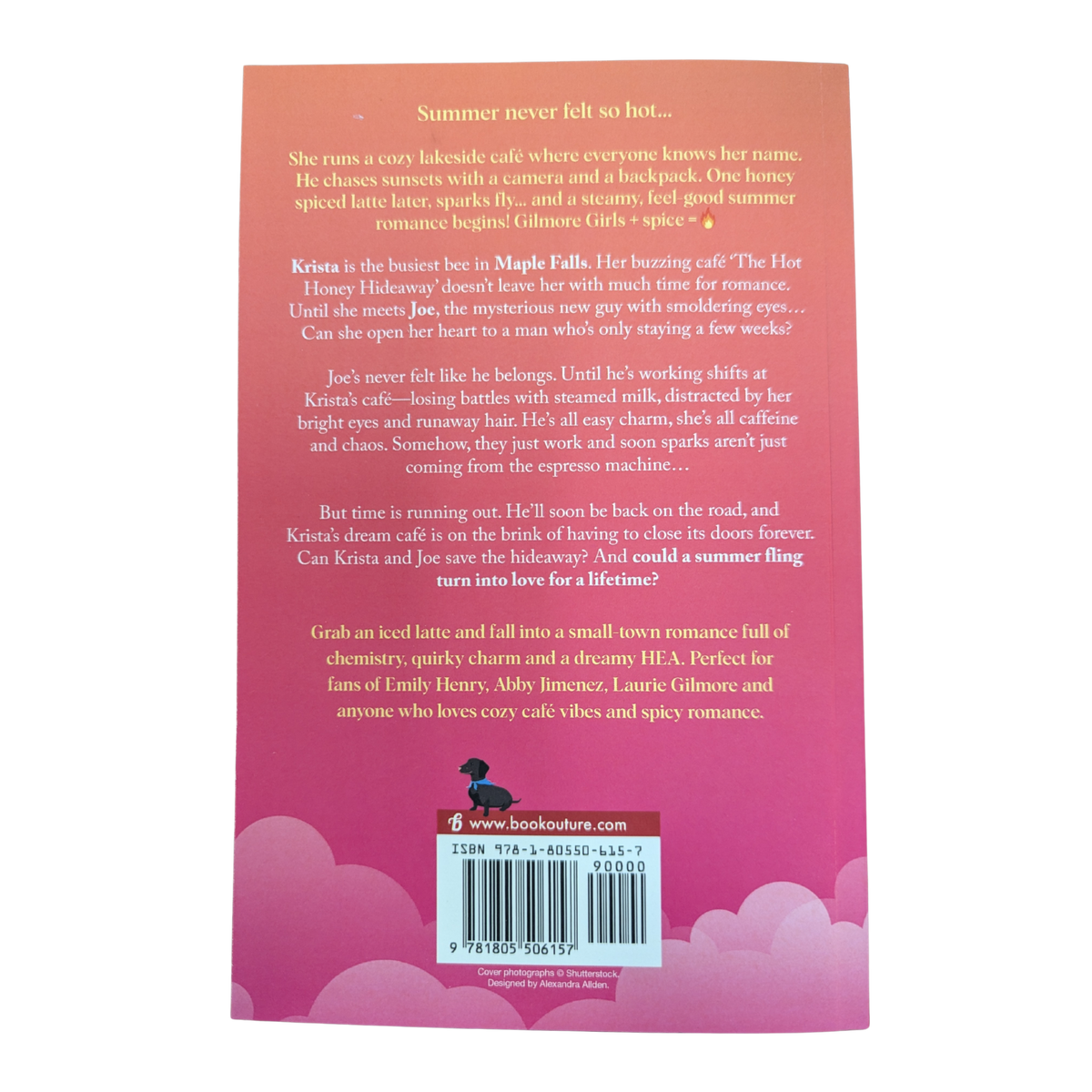 The Hot Honey Hideaway by Harper Graham spicy small-town romance paperback cover featuring a cozy lakeside log cabin café, colorful flowers, honeycomb details, string lights, and a vibrant pink and orange summer sunset.