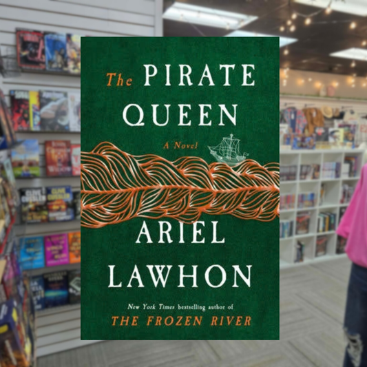 The Pirate Queen by Ariel Lawhon hardcover historical fiction book cover featuring a deep emerald green background, intertwined orange ropes, a small sailing ship, and elegant white lettering