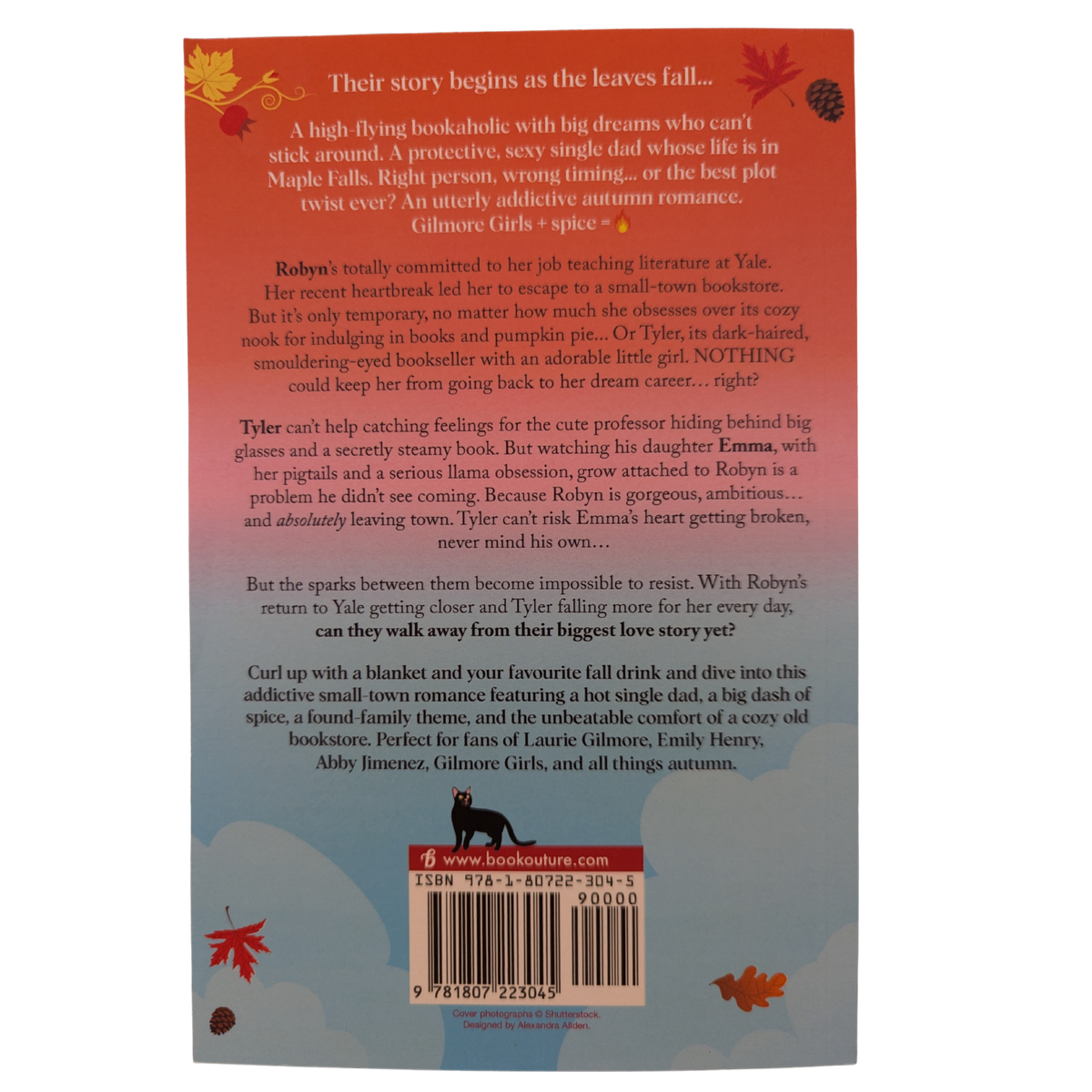 The Pumpkin Pie Book Nook by Harper Graham romance book cover featuring a colorful bookstore decorated for autumn, orange and yellow fall leaves, pumpkins, and a vibrant orange sky.