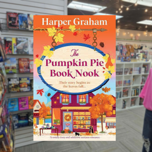 The Pumpkin Pie Book Nook by Harper Graham romance book cover featuring a colorful bookstore decorated for autumn, orange and yellow fall leaves, pumpkins, and a vibrant orange sky.