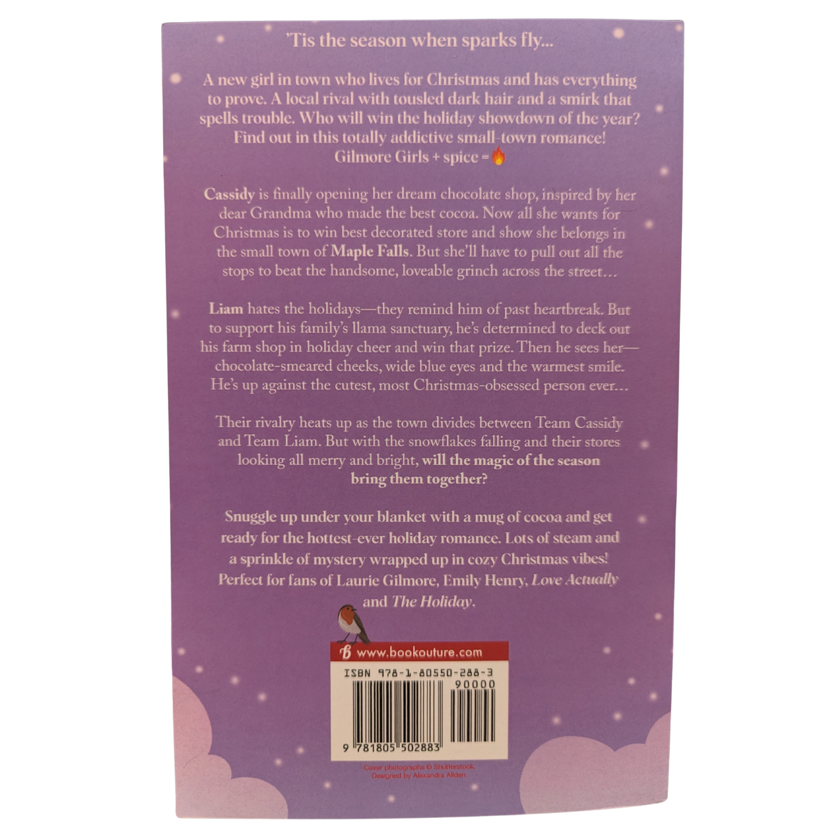 The Spiced Cocoa Café by Harper Graham Christmas romance book cover featuring a charming festive café, snow-covered buildings, Christmas greenery, colorful holiday decorations, and a snowy winter village.