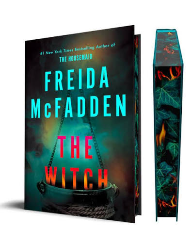 The Witch by Freida McFadden special edition hardcover book featuring turquoise lettering, colorful flames, a bubbling cauldron and decorative sprayed page edges