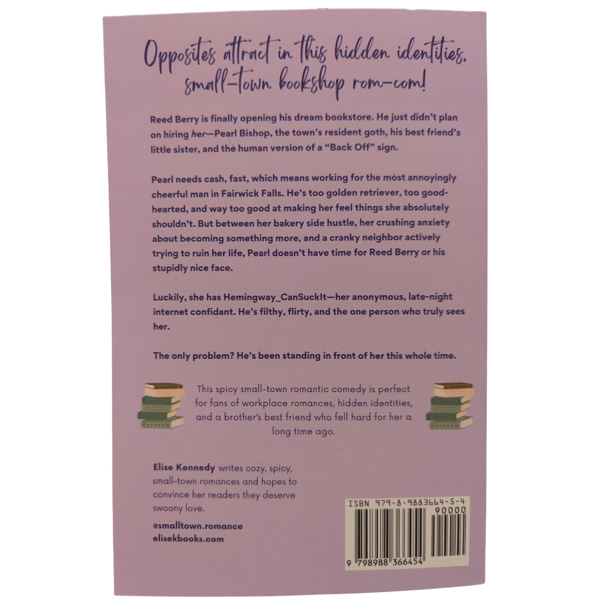 Unexpectedly Bookish by Elise Kennedy contemporary romance book cover featuring an illustrated couple embracing beside a ladder, surrounded by stacks of books against a lavender background.