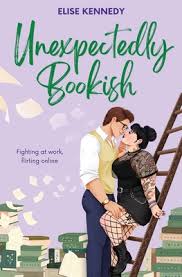 Unexpectedly Bookish by Elise Kennedy contemporary romance book cover featuring an illustrated couple embracing beside a ladder, surrounded by stacks of books against a lavender background.