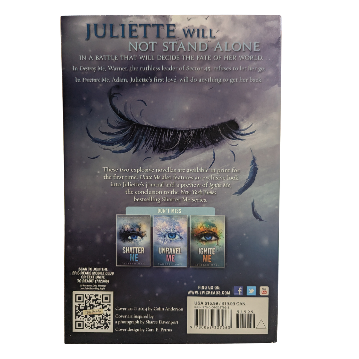 Unite Me by Tahereh Mafi paperback book cover featuring a dramatic illustrated eye with long black eyelashes against a dark teal stormy sky, with white lettering and the titles Destroy Me and Fracture Me.