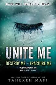 Unite Me by Tahereh Mafi paperback book cover featuring a dramatic illustrated eye with long black eyelashes against a dark teal stormy sky, with white lettering and the titles Destroy Me and Fracture Me.