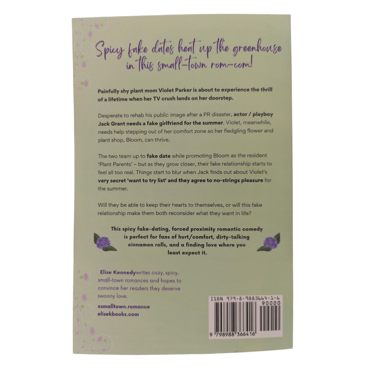 Wallflower in Bloom by Elise Kennedy spicy contemporary romance paperback cover featuring an illustrated red-haired woman in a purple dress embracing a handsome man in a black tuxedo, surrounded by colorful flowers against a pale green background.