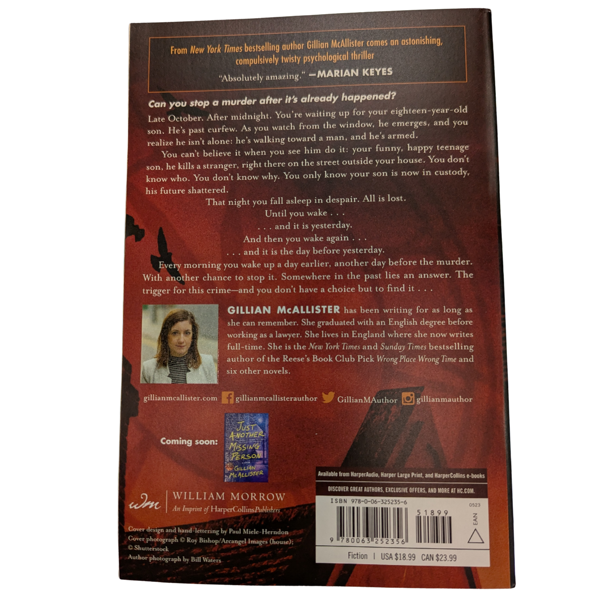 Wrong Place Wrong Time by Gillian McAllister paperback psychological thriller book cover featuring a dark staircase against a red and orange background