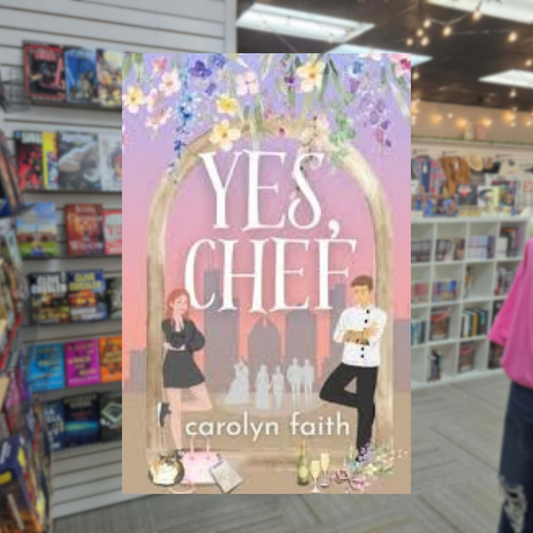 Yes, Chef by Carolyn Faith romance book cover featuring an illustrated woman in a black dress and a chef in a white jacket beneath a floral archway, with purple flowers and a romantic pastel background.